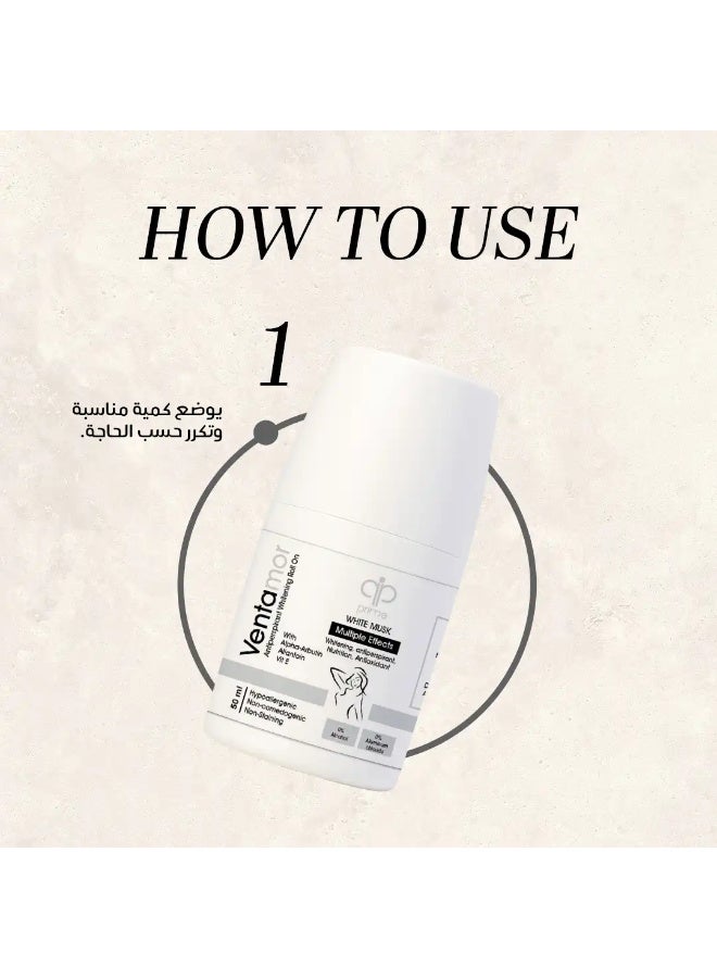 Ventamor Whitening Roll-On Deodorant 50 ml White Musk Scent – 48H Antiperspirant, Alcohol & Aluminum Free, Suitable for Sensitive Skin - Image 3